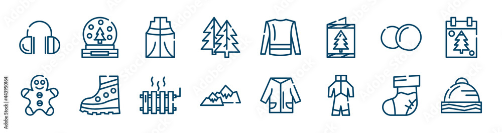 winter icons set such as snow globe, fir, snow ball, gingerbread man, heater, christmas sock outline vector signs. symbol, logo illustration. linear style icons set. pixel perfect vector graphics. winter icons set such as snow globe, fir, snow ball, gingerbread man, heater, christmas sock outline vector signs. symbol, logo illustration. linear style icons set. pixel perfect vector graphics.