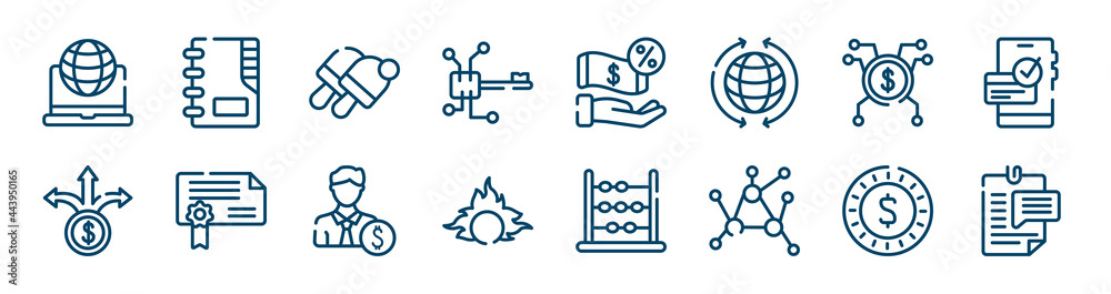 business icons set such as contact list, digital key, spreading, pathway, banker, dollar coin outline vector signs. symbol, logo illustration. linear style icons set. pixel perfect vector graphics.