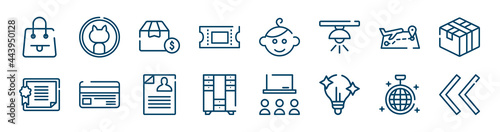 icons set such as github, ticket, trip, license, cv, club outline vector signs. symbol, logo illustration. linear style icons set. pixel perfect vector graphics.
