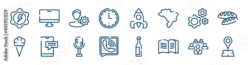 icons set such as mac, time, gear, ice cream, microphone, leader outline vector signs. symbol, logo illustration. linear style icons set. pixel perfect vector graphics.