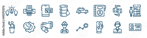 business icons set such as paper shder, oil barrel, convert, auctioneer, devaluation, online support outline vector signs. symbol, logo illustration. linear style icons set. pixel perfect vector
