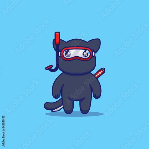 Cute ninja cat wearing diving goggles