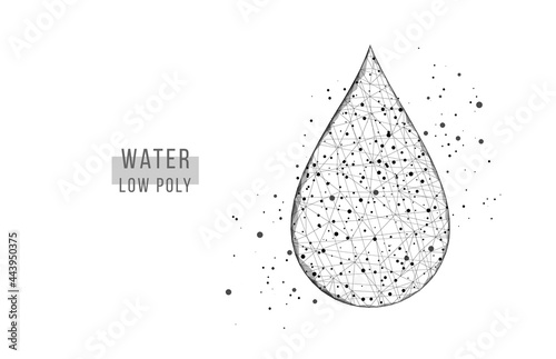 Black water drop. Low poly wireframe style. Science, biotechnology, chemistry, medical concept. Abstract background. Vector illustration.