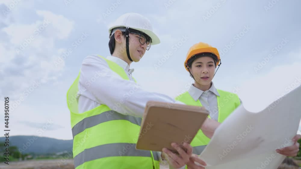 A senior manager in eyeglasses teaching a young attractive trainee on an unfold blueprint, labor and employment, diversity people in workplace, engineering training, safety uniform, sustainable energy A senior manager in eyeglasses teaching a young attractive trainee on an unfold blueprint, labor and employment, diversity people in workplace, engineering training, safety uniform, sustainable energy