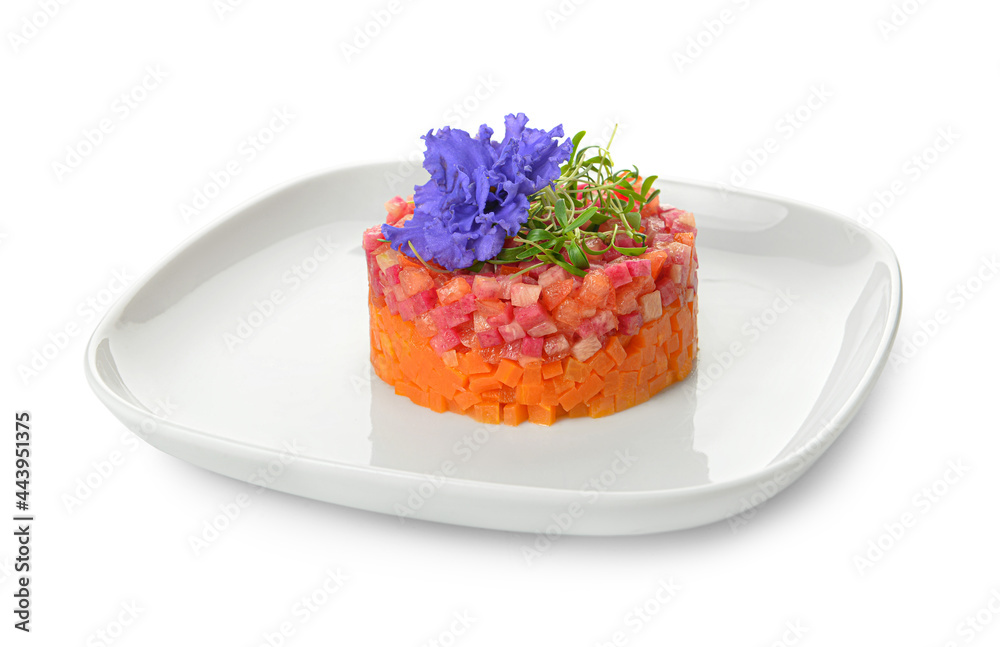 Plate with tasty tartare salad on white background Plate with tasty tartare salad on white background