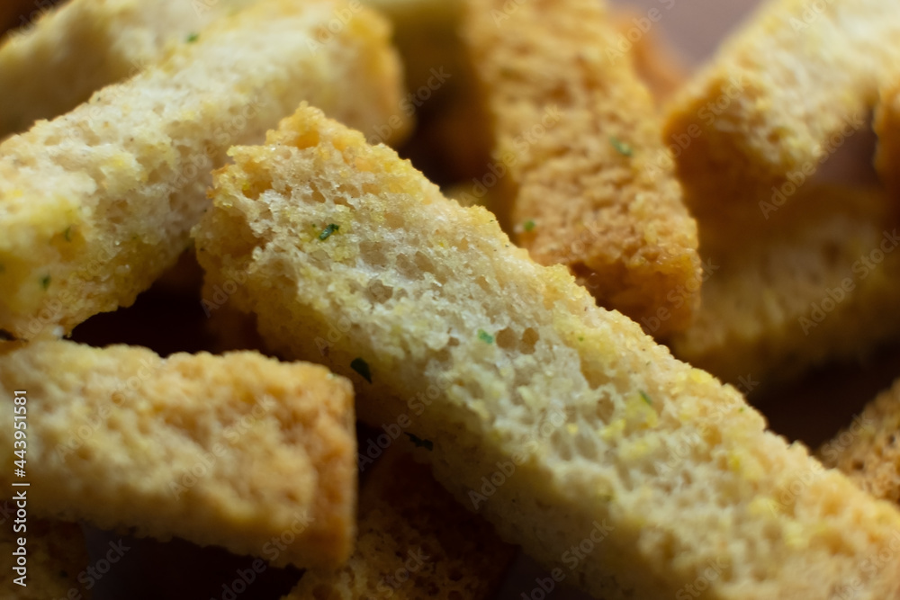 dried salted croutons close up macro dried salted croutons close up macro