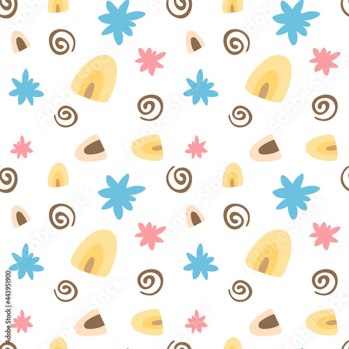 Seamless pattern with cute simple flowers and decorative elements on white background. Vector endless texture in childish style