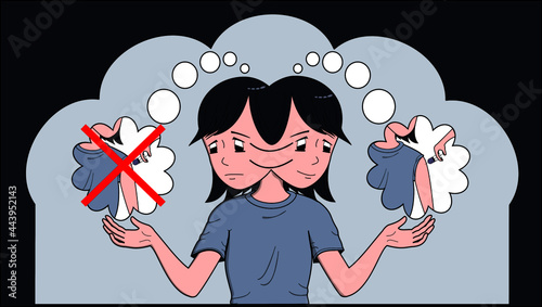 A cartoon young woman swinging her head back and forth between looking at a thought bubble of a her getting a vaccine or not, each bubble is held in her upraised hands.  