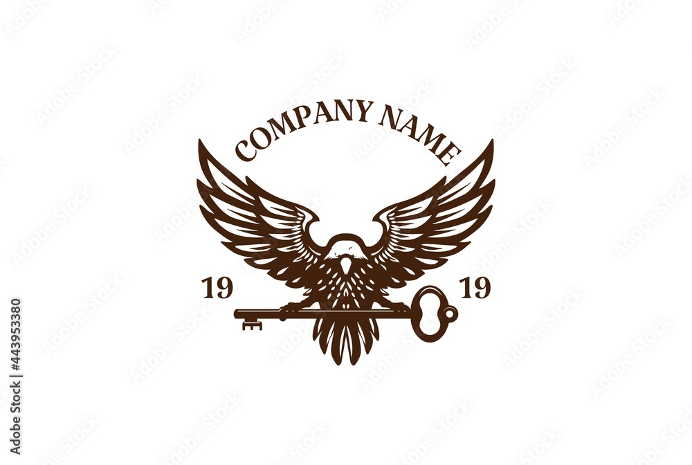 Obraz premium Vintage Retro Eagle Falcon Hawk with Key for Real Estate Apartment Logo Design Vector