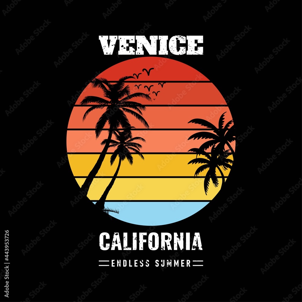 California Oceanside stylish t-shirt and apparel trendy design with palm trees silhouettes, typography, print, vector illustration. Global swatches.