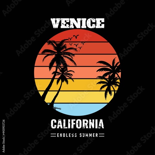 California Oceanside stylish t-shirt and apparel trendy design with palm trees silhouettes, typography, print, vector illustration. Global swatches.