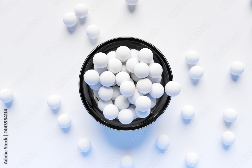 3d illustration of small plate with white balls on a white background. A treat for the kids. Round sweets, dry breakfast pour into a plate, top view 3d illustration of small plate with white balls on a white background. A treat for the kids. Round sweets, dry breakfast pour into a plate, top view