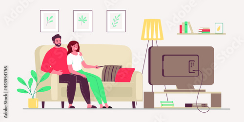 Young couple sitting on couch together, watching movie. Happy man and woman relaxing and watching video. Cartoon vector illustration