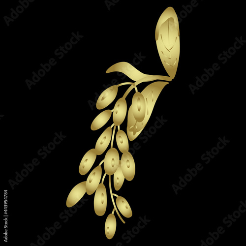 Branch of dogwood or barberry with berries. Cornus mas. Berberis. Golden glossy silhouette on black background.