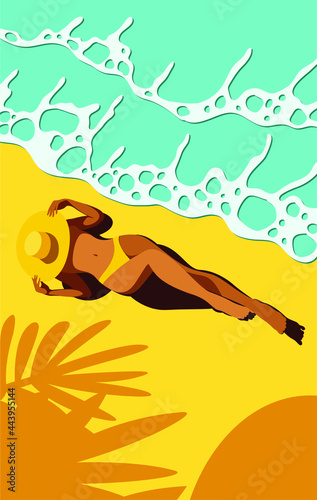 vector bright sunny illustration of a beautiful young tanned girl in a yellow swimsuit sunbathes on the beach near the sea or ocean. waves of the sea surf. shadows of palm trees on the sand. top view 