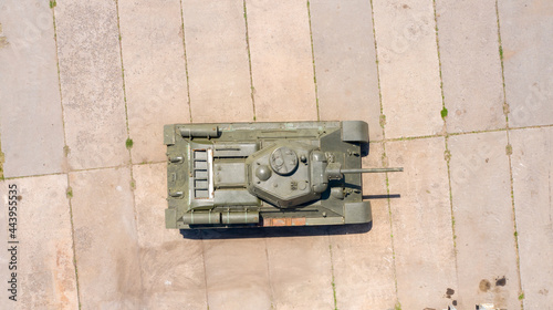 tank, military equipment, top view, drone footage