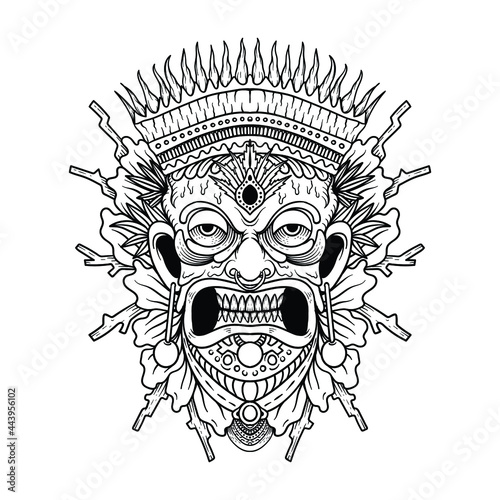 Tiki traditional hawaiian tribal mask with human face and burning fire. Wooden totem symbol, god from ancient culture of Hawaii. Hand drawn in cartoon style, isolated on white.