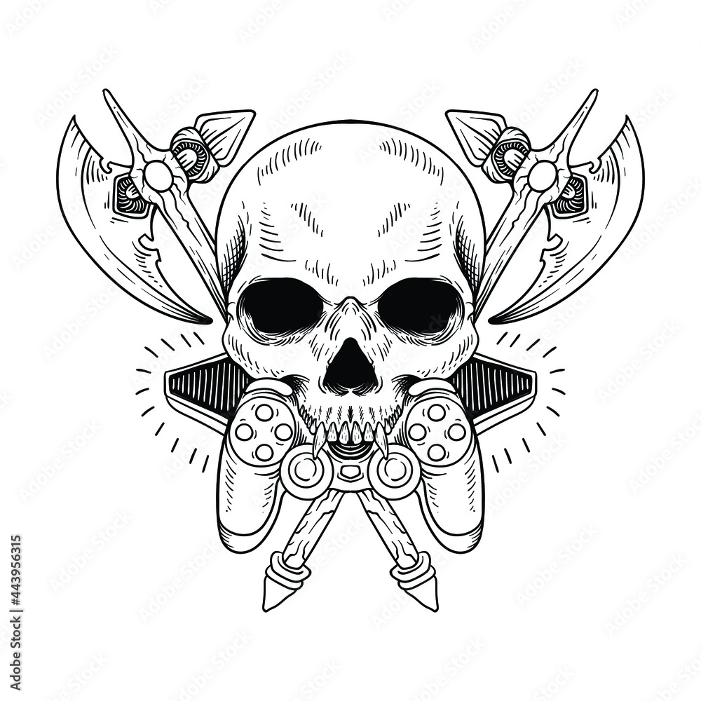 tattoo design hand drawn skull with weapon and game isolated, line art  black and white vintage style Stock Vector | Adobe Stock