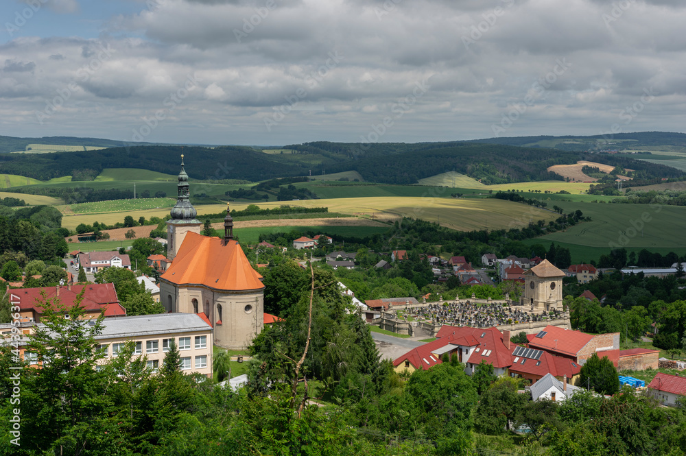 Landscape view on the protectec baroque cemetery of Strilky village from Czech Republic
