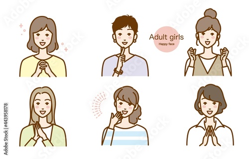 笑顔の女性達のイラストカット バリエーション ベクター 喜ぶ 嬉しい