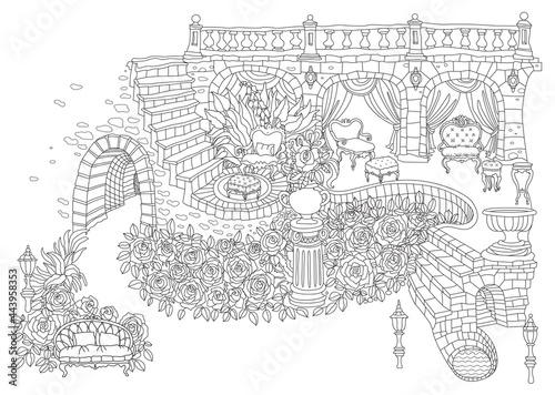 Fantasy landscape with fairy tale castle, palace, stone staircase, grotto, baroque furniture, garden roses, lilies. Coloring book page for adults and children. 