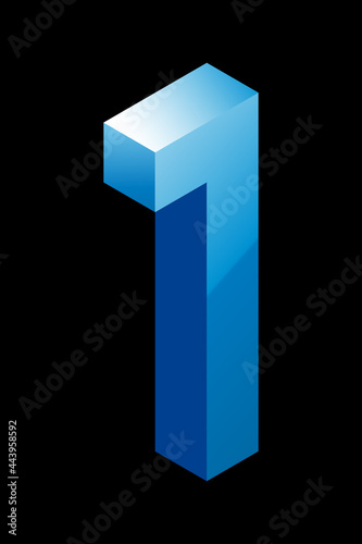 Gradient blue number in isometric style. Isolated on black background. Water texture