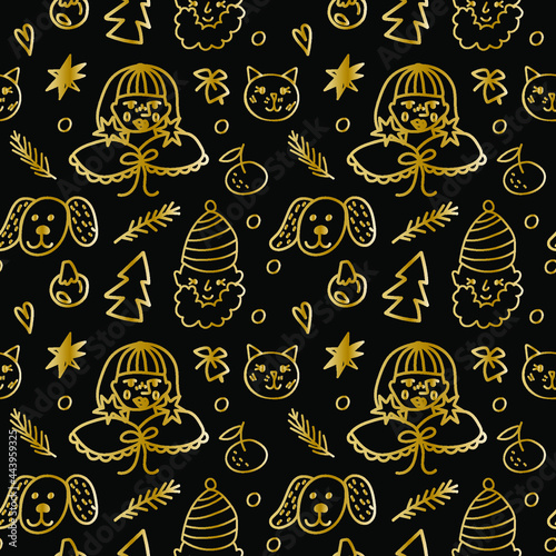 Seamless vector pattern with cat,girl,Santa Claus,Christmas tree,tangerine gold line on black background.Holiday print in doodle style hand drawn.Designs for textiles,fabric,wrapping paper,packaging. 