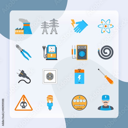 Electricity icons set with voltmeter wire screwdriver electrician warning sign isolated vector illustration