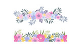 Floral Border of Lush Blooming Flowers as Decorative Vector Composition Set