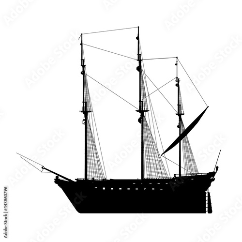Silhouette of a sailing ship isolated on a white background. Side view. Vector illustration