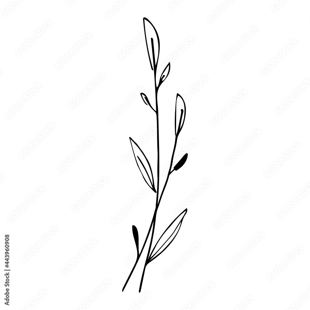 Naklejka premium Botanical linear leaf set. Abstract minimalist leaves collection, creative herbal art. Hand drawn wedding herb, plant and monogram with elegant leaves for invitation save the date. Vector illustration