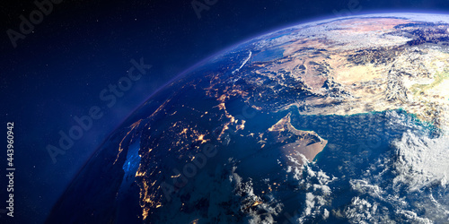 Planet Earth with exaggerated precise relief and volumetric atmosphere. Day-night transition. Region and countries of the Persian Gulf. 3D rendering. Elements of this image furnished by NASA