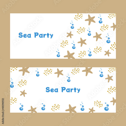 Flyers with starfish, invertebrate inhabitants of the underwater world. In beige-blue color. Vector illustration isolated. For decoration, printing on paper, banner, poster.