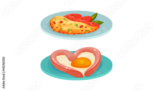 Fototapeta Naklejka Na Ścianę i Meble -  Scrambled Egg with Sausage and Omelette Served on Plate Vector Set