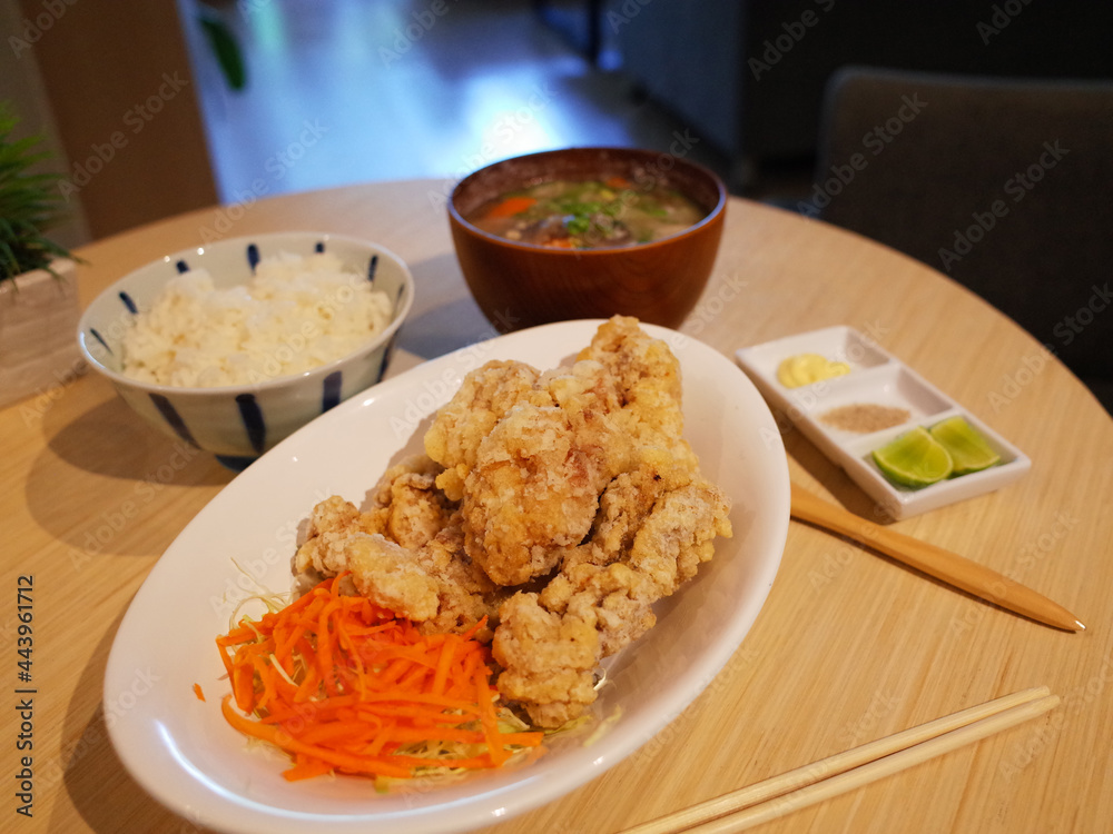 Japanese style set meal, fried chicken or known as "karaage" with side