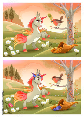 Spot the differences. Two images with six changes between them, vector and cartoon illustrations