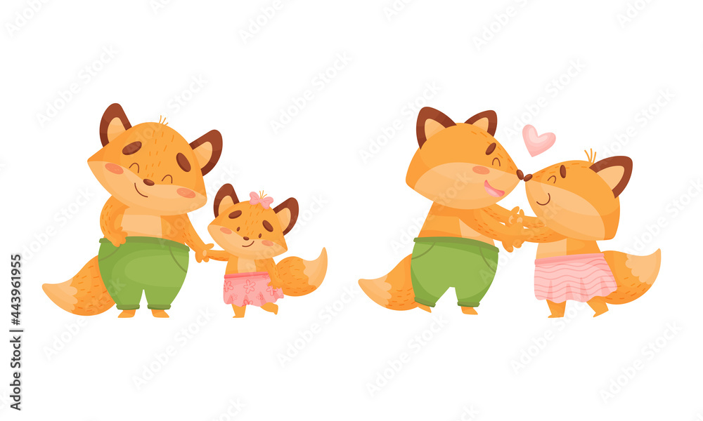 Happy Fox Family with Mother and Father Dancing and Walking with Little Cub Vector Set Happy Fox Family with Mother and Father Dancing and Walking with Little Cub Vector Set
