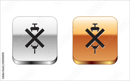 Black No doping syringe icon isolated on white background. Silver-gold square button. Vector