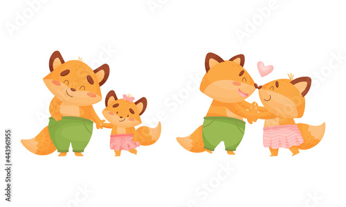 Happy Fox Family with Mother and Father Dancing and Walking with Little Cub Vector Set © Happypictures