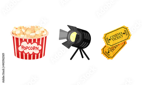  inematography as Motion-picture and Film Symbols with Tickets and Popcorn Vector Set photo