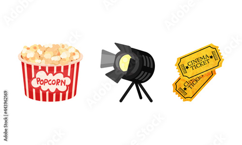  inematography as Motion-picture and Film Symbols with Tickets and Popcorn Vector Set