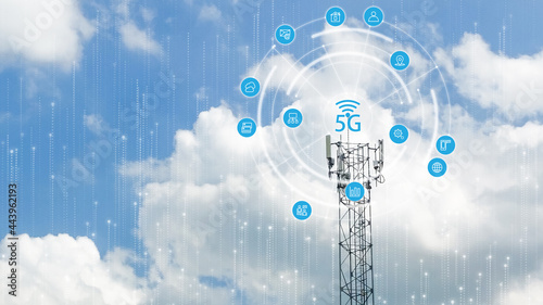 Double Exposure of Telecommunication tower of 4G and 5G cellular. Wireless Communication Antenna Transmitter, Technology Background.