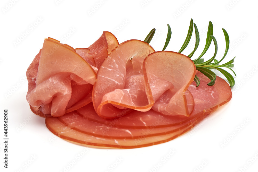 Prosciutto slices, isolated on white background. High resolution image.