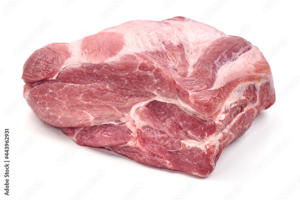 Raw pork neck (collar, Boston butt, shoulder), isolated on white background.