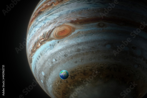 Jupiter Earth Cosmic Space Contrast with the Great Red Spot Gas Planet Solar System 3D rendering photo