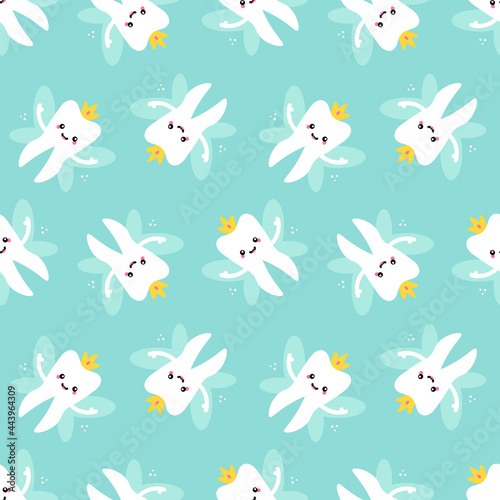 Tooth fairy, tooth queen with crown and wings vector seamless pattern background for kids dental care design.