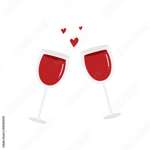 Couple of glasses of red wine with hearts for dating, romantic dinner design. Vector cartoon style illustration. 