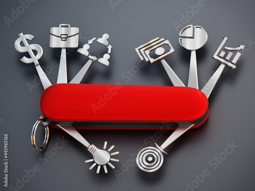 Technology icons connected to Swiss knife. 3D illustration photo