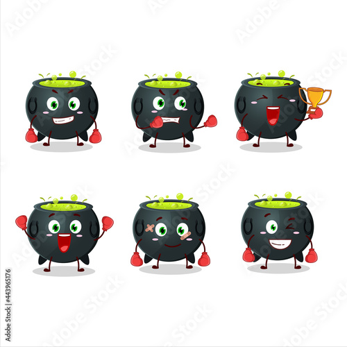 A sporty witch cauldron boxing athlete cartoon mascot design