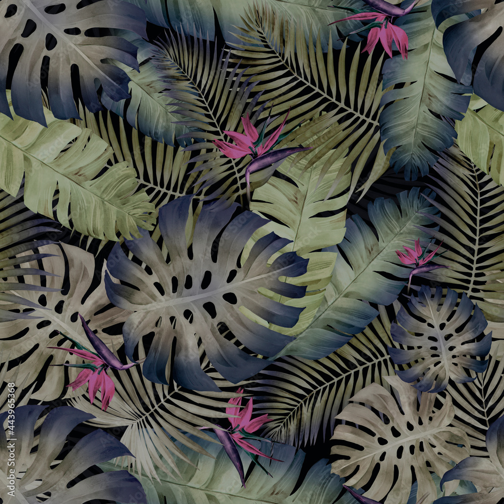 Fototapeta Seamless pattern of tropical leaves in the evening in the jungle. Can be used for your design.